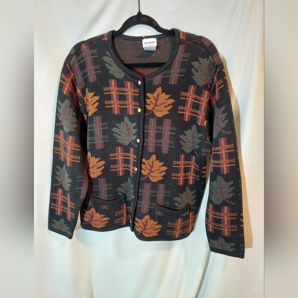 Vintage Liz Baker XL Autumn Leaf Plaid Cardigan Sweater Fall Grandmacore